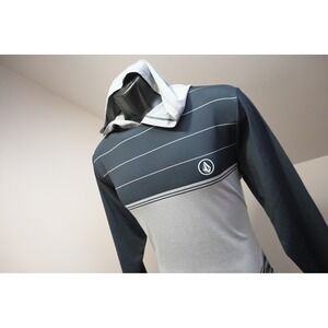 Volcom Rash Guard Men Medium Black Grey Striped Hooded Long Sleeve Excellent